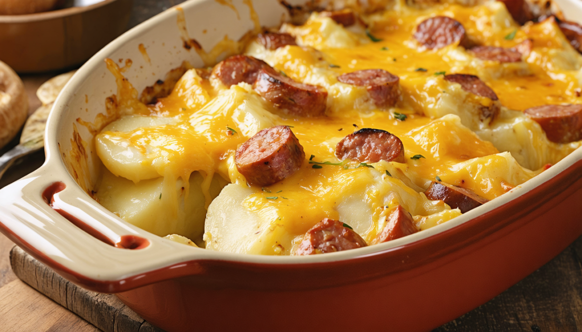 découvrez notre recette facile et gourmande de gratin fondant aux pommes de terre, saucisses de strasbourg et cheddar, parfait pour un repas réconfortant au four.