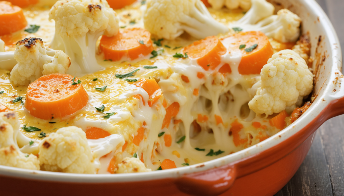 découvrez un gratin fondant de carottes et chou-fleur, généreusement nappé d'un fromage doré et savoureux, pour un plat réconfortant et délicieux.