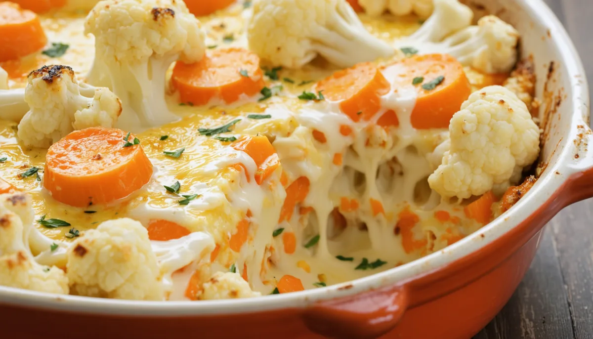 découvrez un gratin fondant de carottes et chou-fleur, généreusement nappé d'un fromage doré et savoureux, pour un plat réconfortant et délicieux.