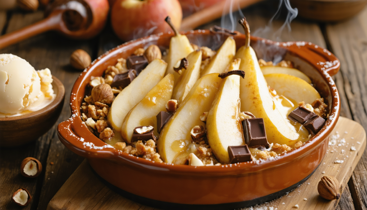 savourez un crumble fondant aux poires, chocolat et noisettes, un dessert chaud et réconfortant qui ravira tous les gourmands à chaque bouchée.