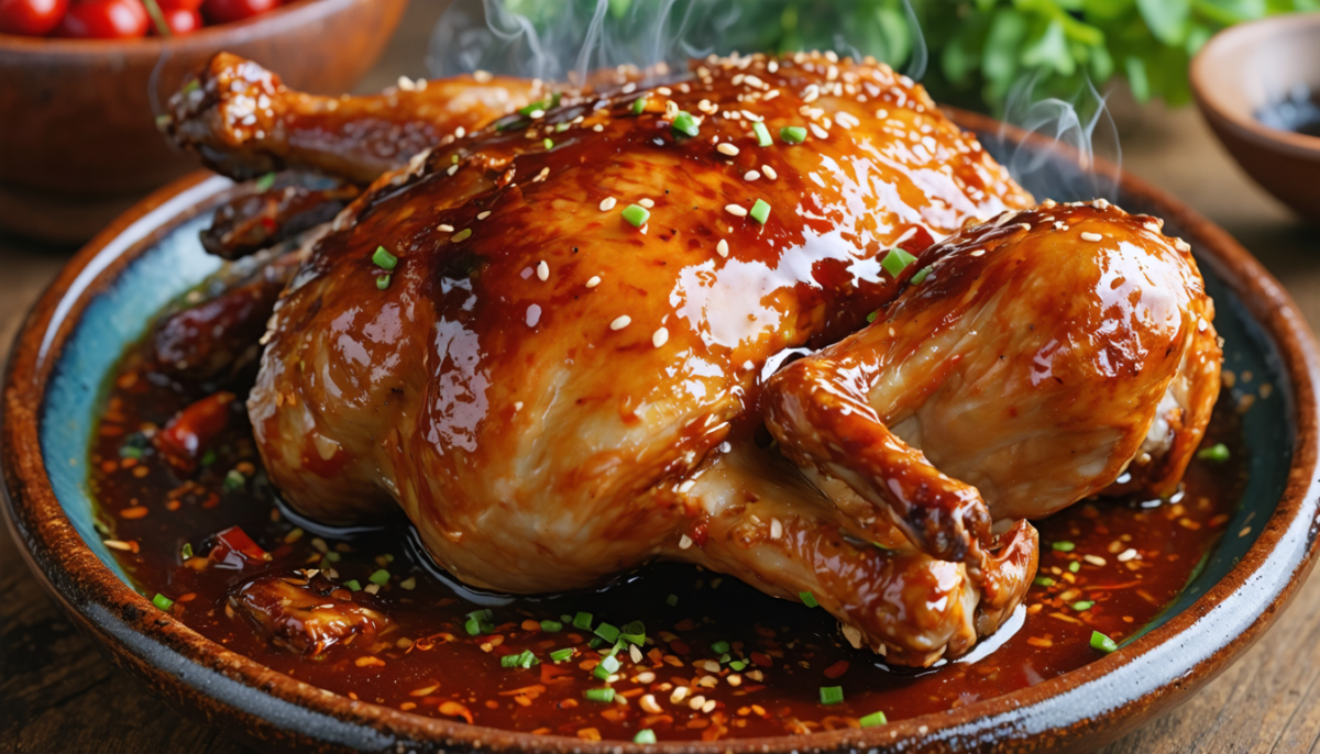 savourez un poulet braisé à la sauce 'hong shao' brillante, riche en arômes irrésistibles qui embaument toute la maison pour un repas convivial et délicieux.