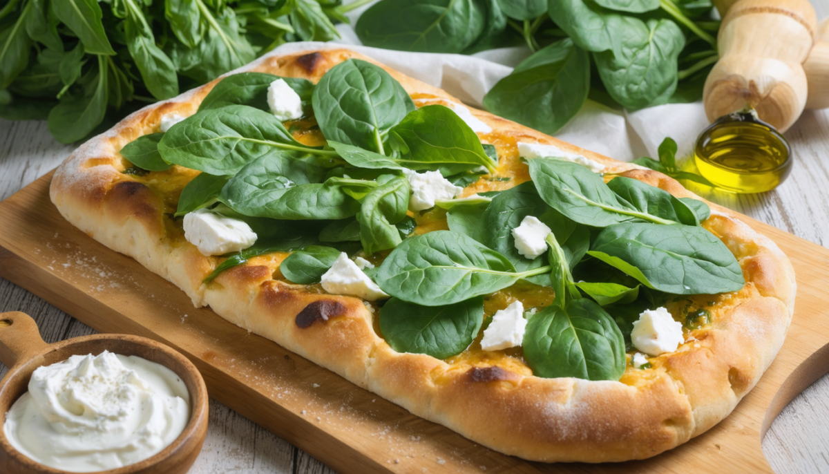 découvrez notre focaccia gourmande aux épinards et ricotta, un pain italien savoureux et généreux, parfait pour un repas complet et convivial.