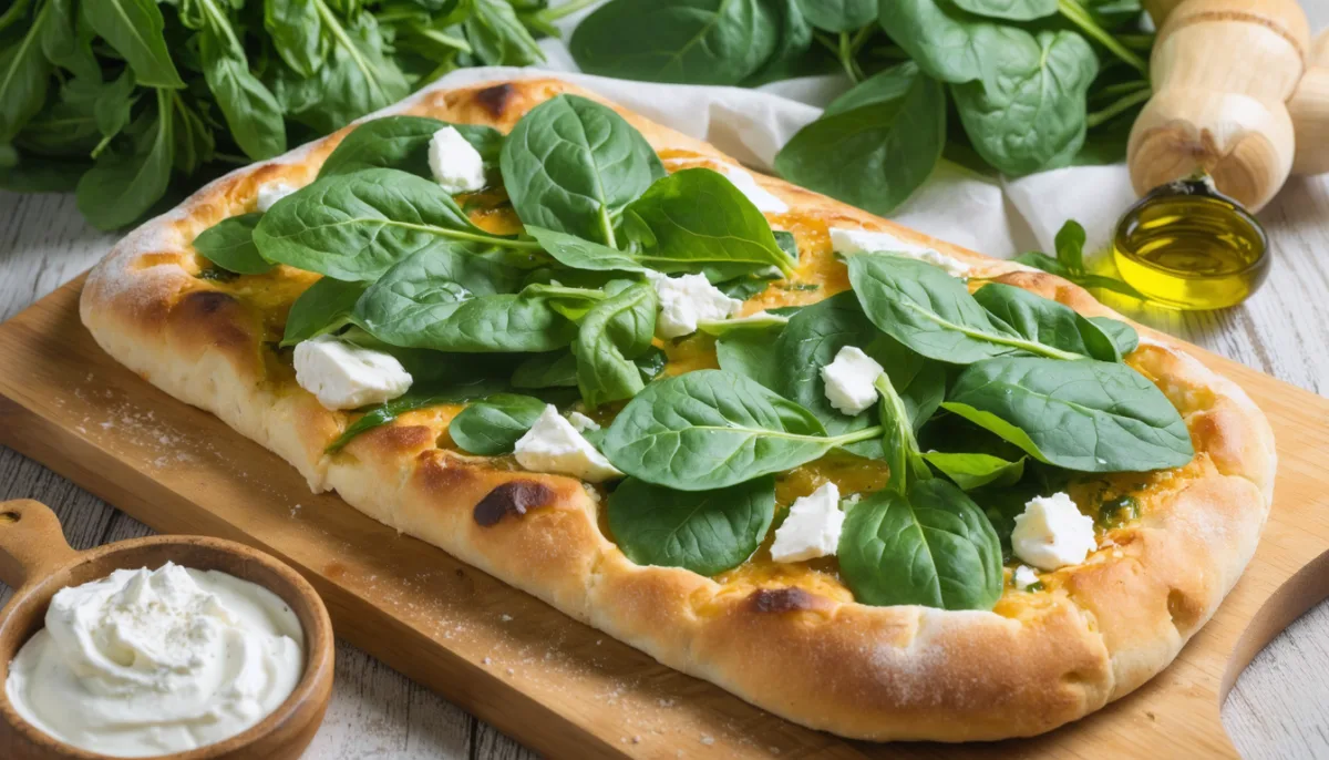 découvrez notre focaccia gourmande aux épinards et ricotta, un pain italien savoureux et généreux, parfait pour un repas complet et convivial.