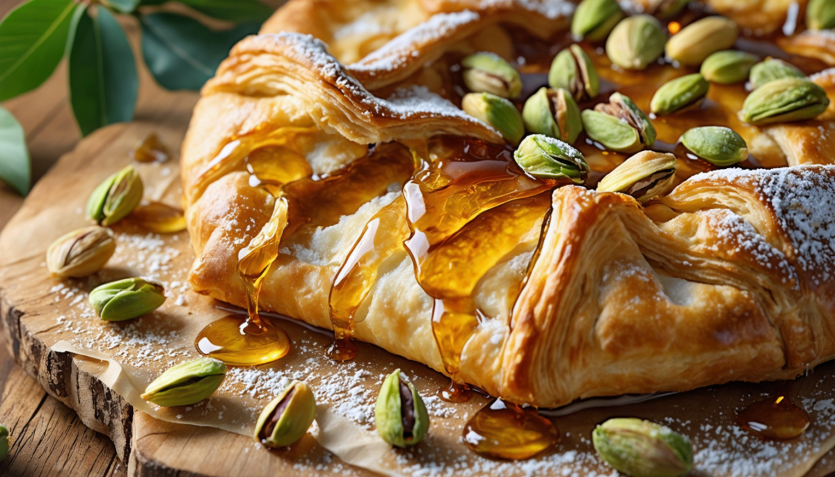 découvrez une galette feuilletée croquante garnie de miel tiède et de pistaches fondantes, pour une épiphanie réinventée pleine de gourmandise et d'originalité.