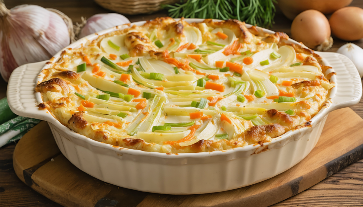 découvrez cette recette simple et savoureuse de gratin fondant aux pommes de terre, poireaux et carottes, délicieusement dorée au four pour un repas réconfortant.