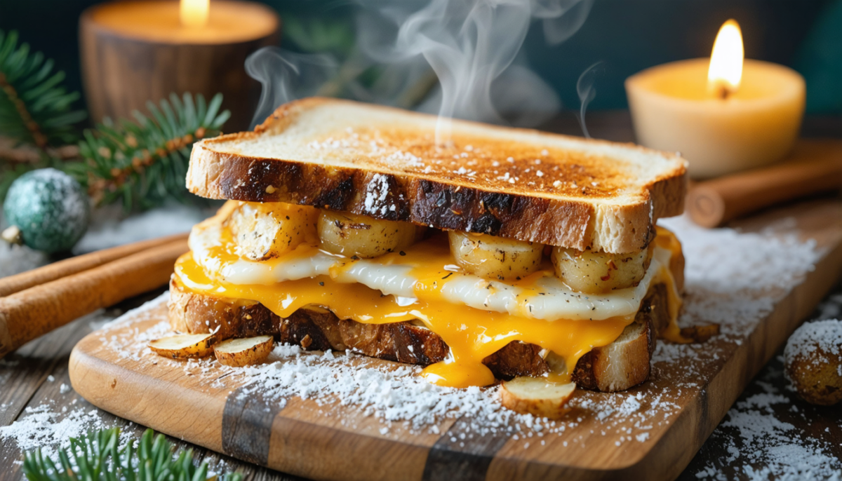 savourez notre sandwich montagnard hivernal au pain croustillant, garni de pommes de terre fondantes et de fromage coulant pour un réconfort gourmand et chaleureux.