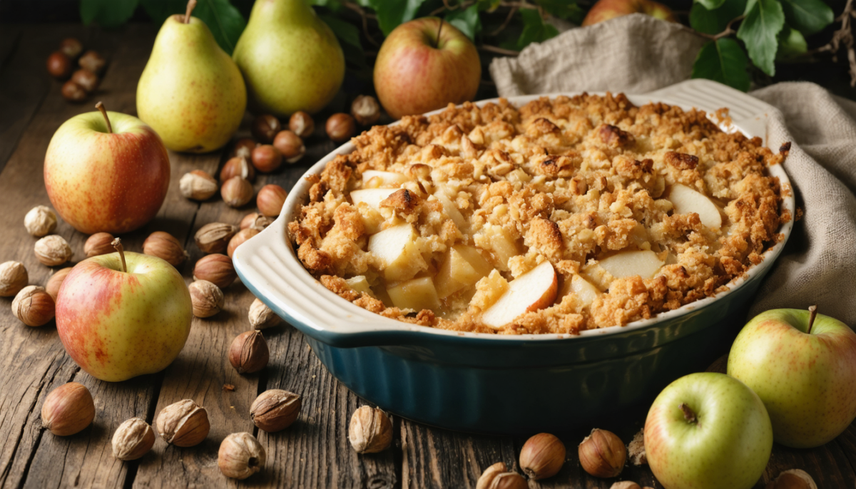découvrez notre recette de crumble express aux pommes, poires et noisettes, prêt en seulement 20 minutes pour un dessert délicieux et rapide.