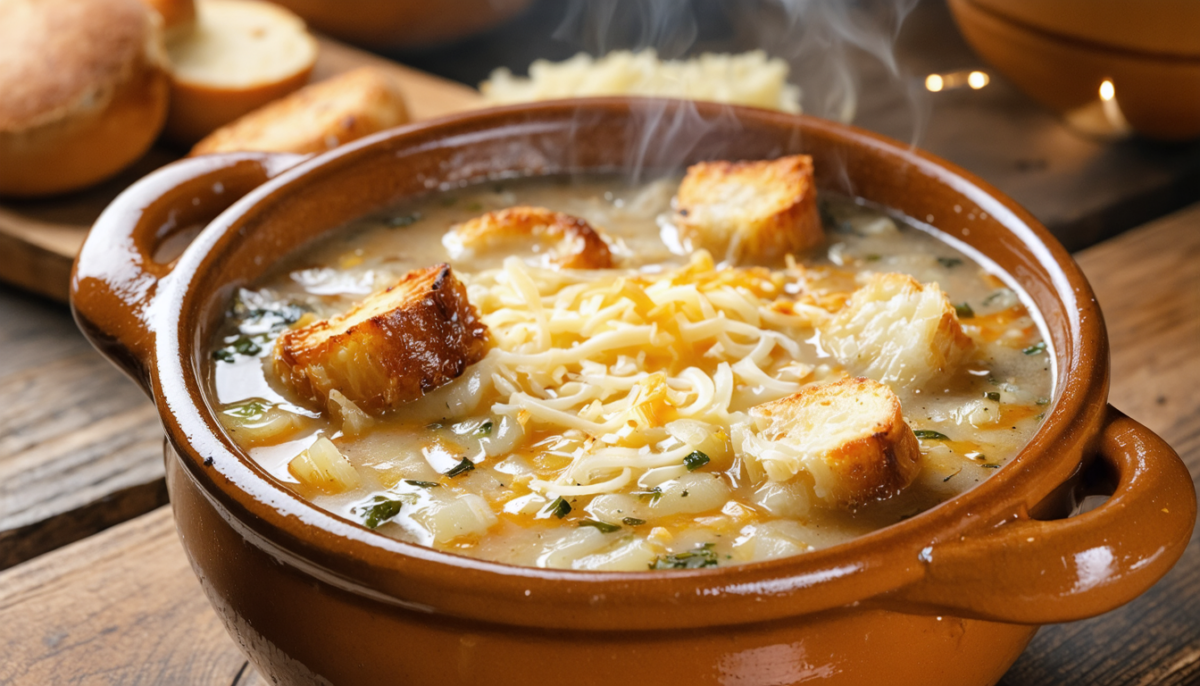dégustez notre soupe à l'oignon maison aux saveurs caramélisées, accompagnée de croûtons croustillants et d'un fromage gratiné à la perfection, pour un véritable soupir d'hiver réconfortant.