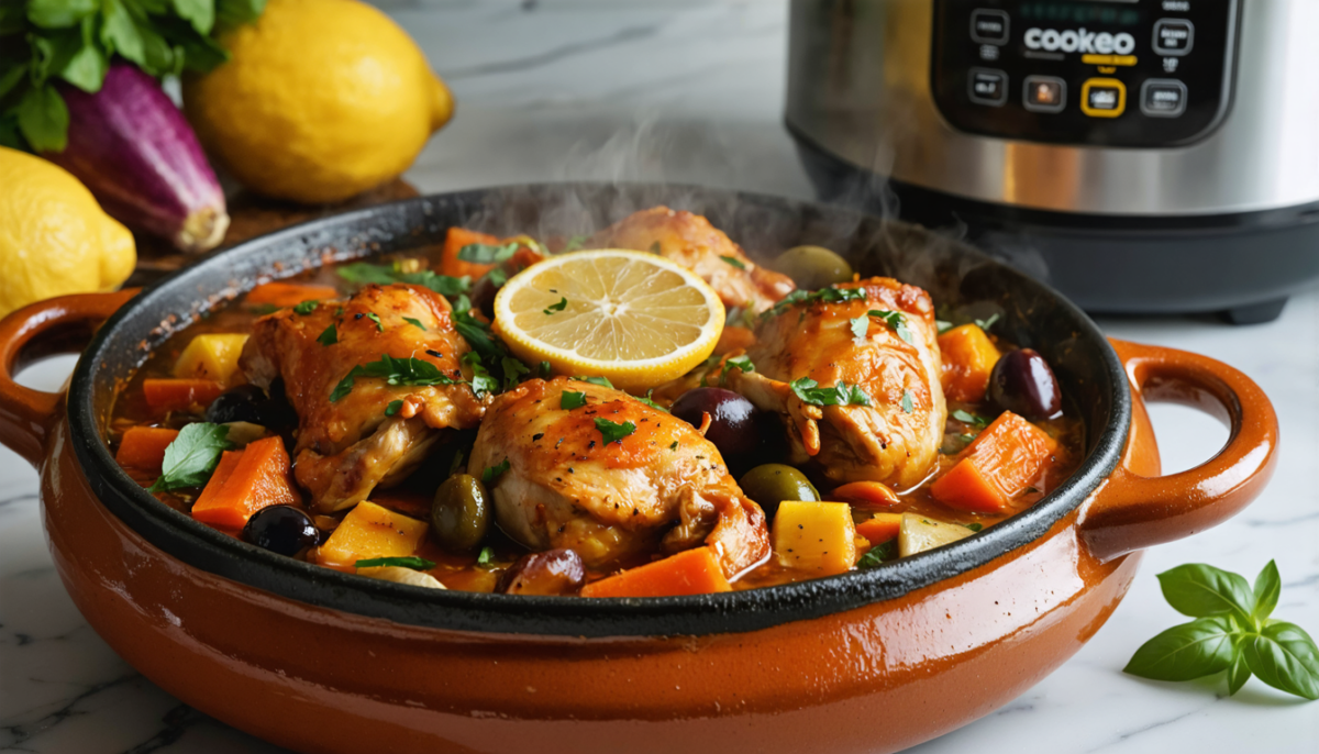 découvrez comment préparer un tajine de poulet au citron confit savoureux en seulement 20 minutes avec le cookeo, alliant rapidité et goût authentique d'une longue cuisson.