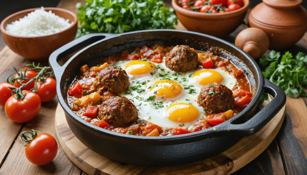 découvrez le tajine marocain de boulettes kefta aux œufs et tomates, un plat familial savoureux et rapide à préparer en seulement 30 minutes. parfait pour un repas convivial et plein de saveurs.